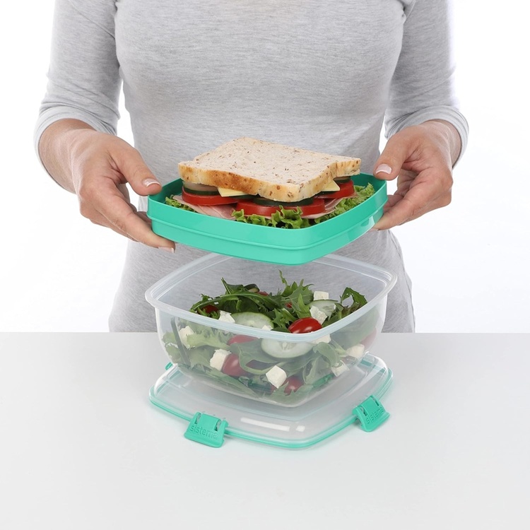 Lunch box, SALAD + SANDWICH TO GO, 19 x 19 x H 10 cm. Clear / Minty Teal