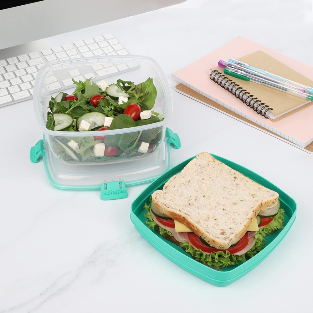 Lunch box, SALAD + SANDWICH TO GO, 19 x 19 x H 10 cm. Clear / Minty Teal