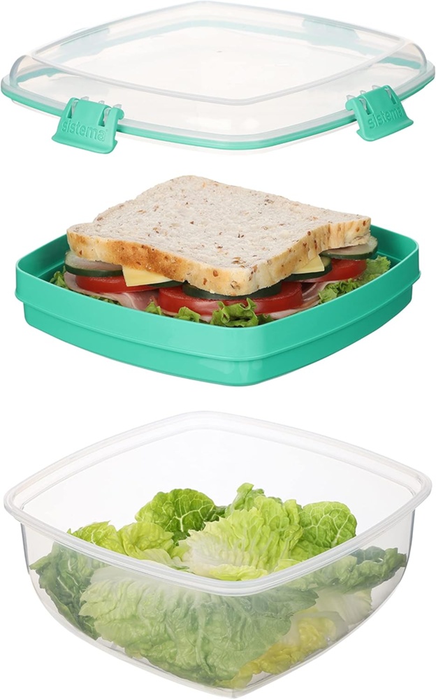 Lunch box, SALAD + SANDWICH TO GO, 19 x 19 x H 10 cm. Clear / Minty Teal
