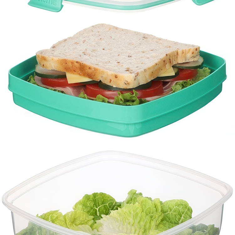 Lunch box, SALAD + SANDWICH TO GO, 19 x 19 x H 10 cm. Clear / Minty Teal
