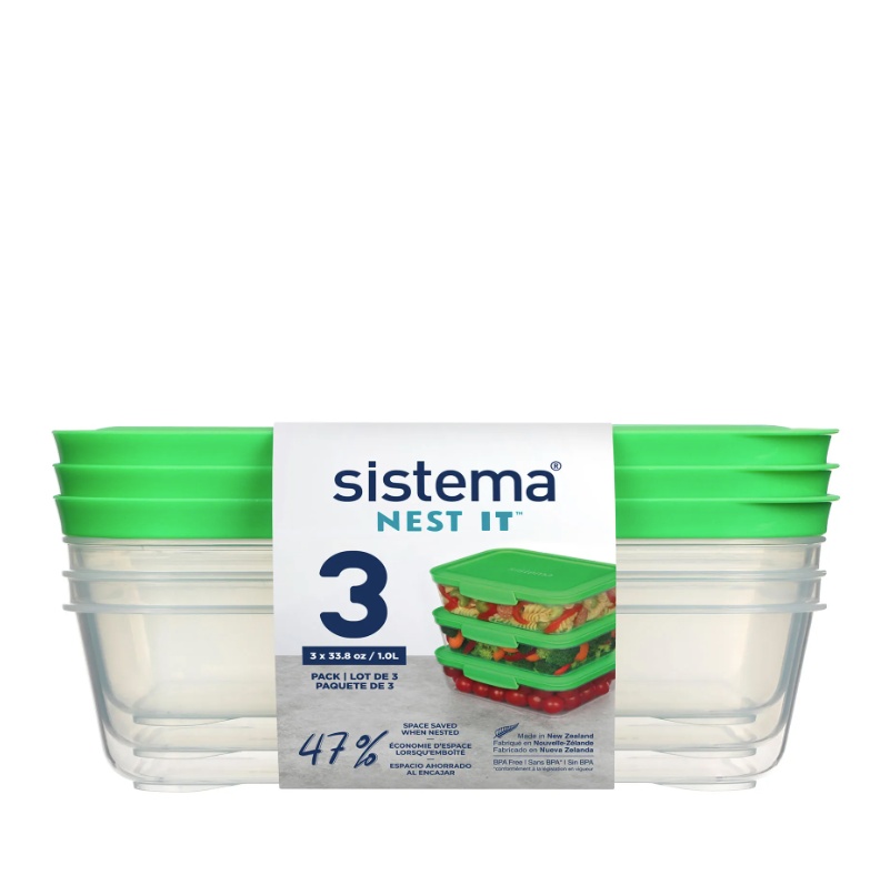 Food Storage boxes, 1L, Set of 3, SISTEMA NEST IT, Clear / Green