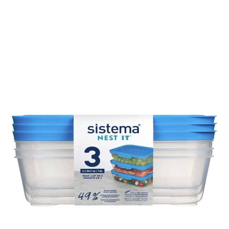 Food Storage boxes, 1,5 L, Set of 3, SISTEMA NEST IT, Clear / Blue