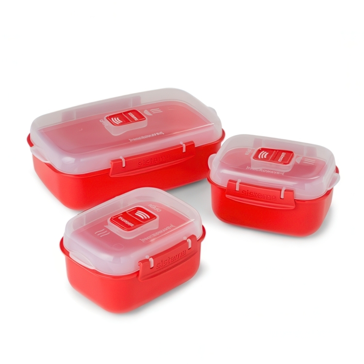 Lunch boxes, Set with 3, MICROWAVE HEAT & EAT PACK, Red