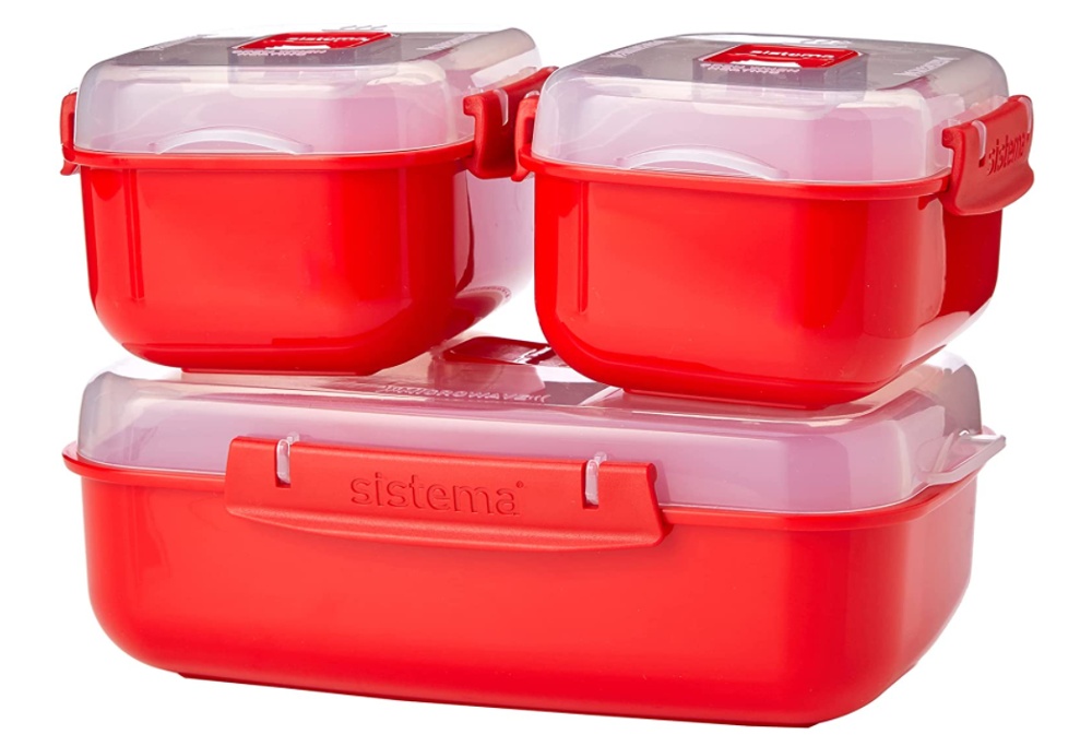 Lunch boxes, Set with 3, MICROWAVE HEAT & EAT PACK, Red