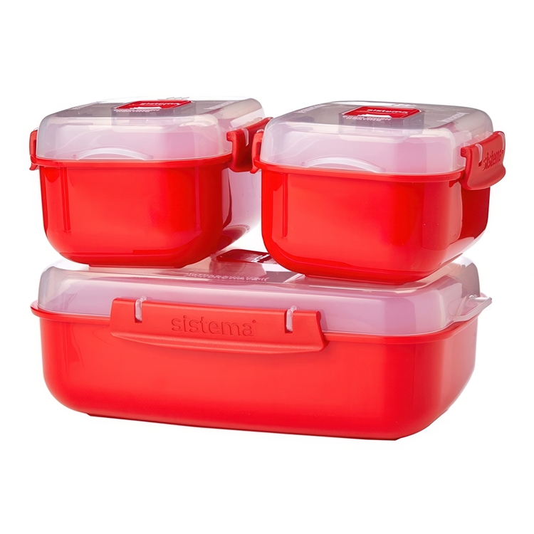 Lunch boxes, Set with 3, MICROWAVE HEAT & EAT PACK, Red