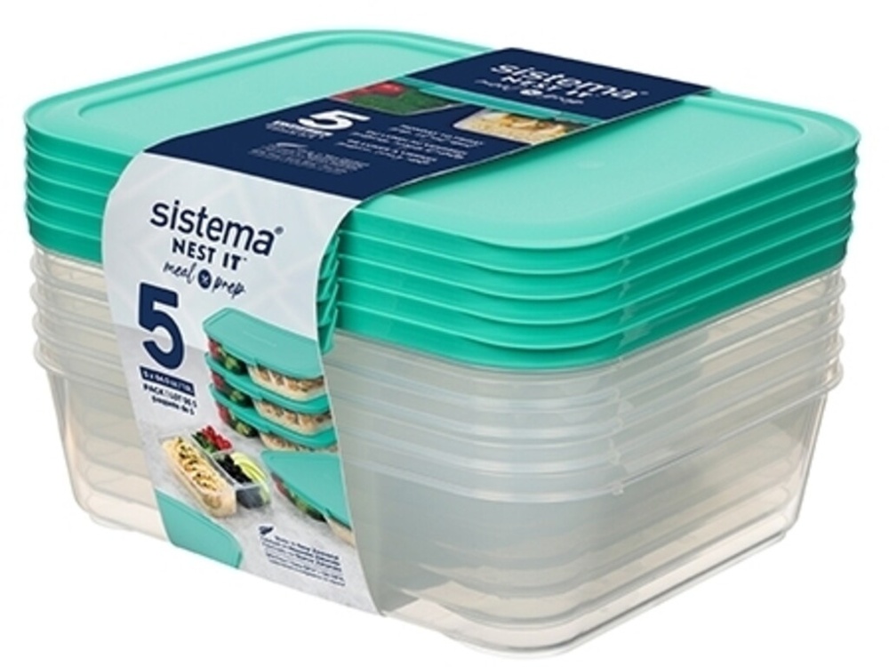 Food Storage boxes, 3 Compartments, Set of 5, SISTEMA NEST IT LARGE, 24x 19,5 x H 6,5 cm, Clear / Green