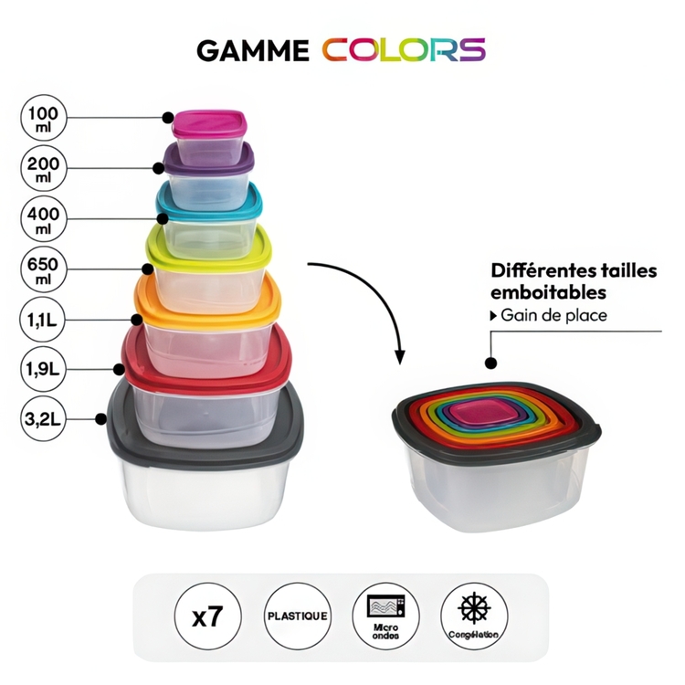 Food Storage boxes, Set of 7, SMART COLORED NEST SQUARE, Clear / Multicolored