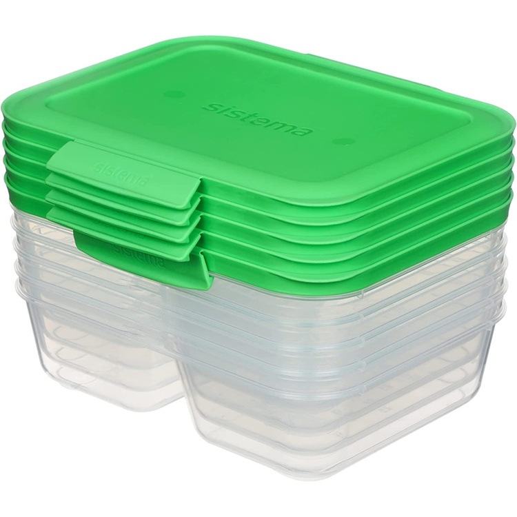 Food Storage boxes, 2 Compartments, Set of 5, SISTEMA NEST IT, 19 x 14,5 x H 5,5 cm, Clear / Green