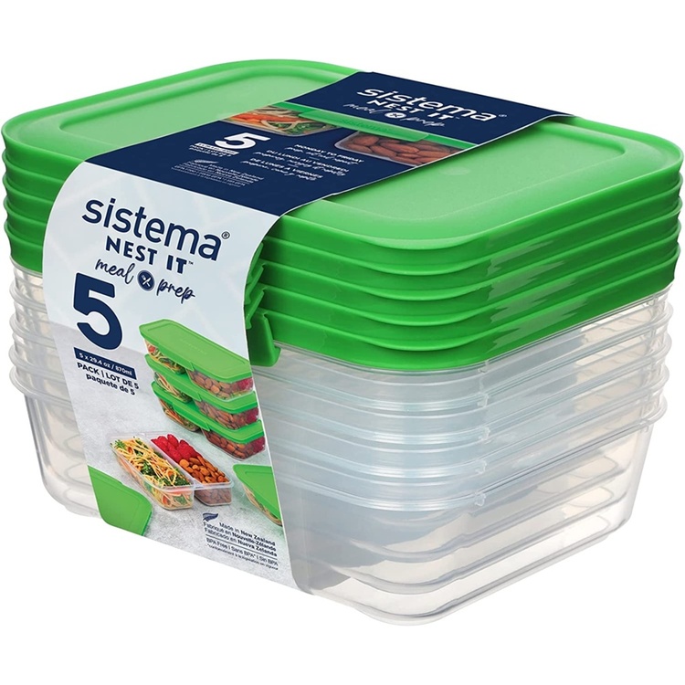 Food Storage boxes, 2 Compartments, Set of 5, SISTEMA NEST IT, 19 x 14,5 x H 5,5 cm, Clear / Green