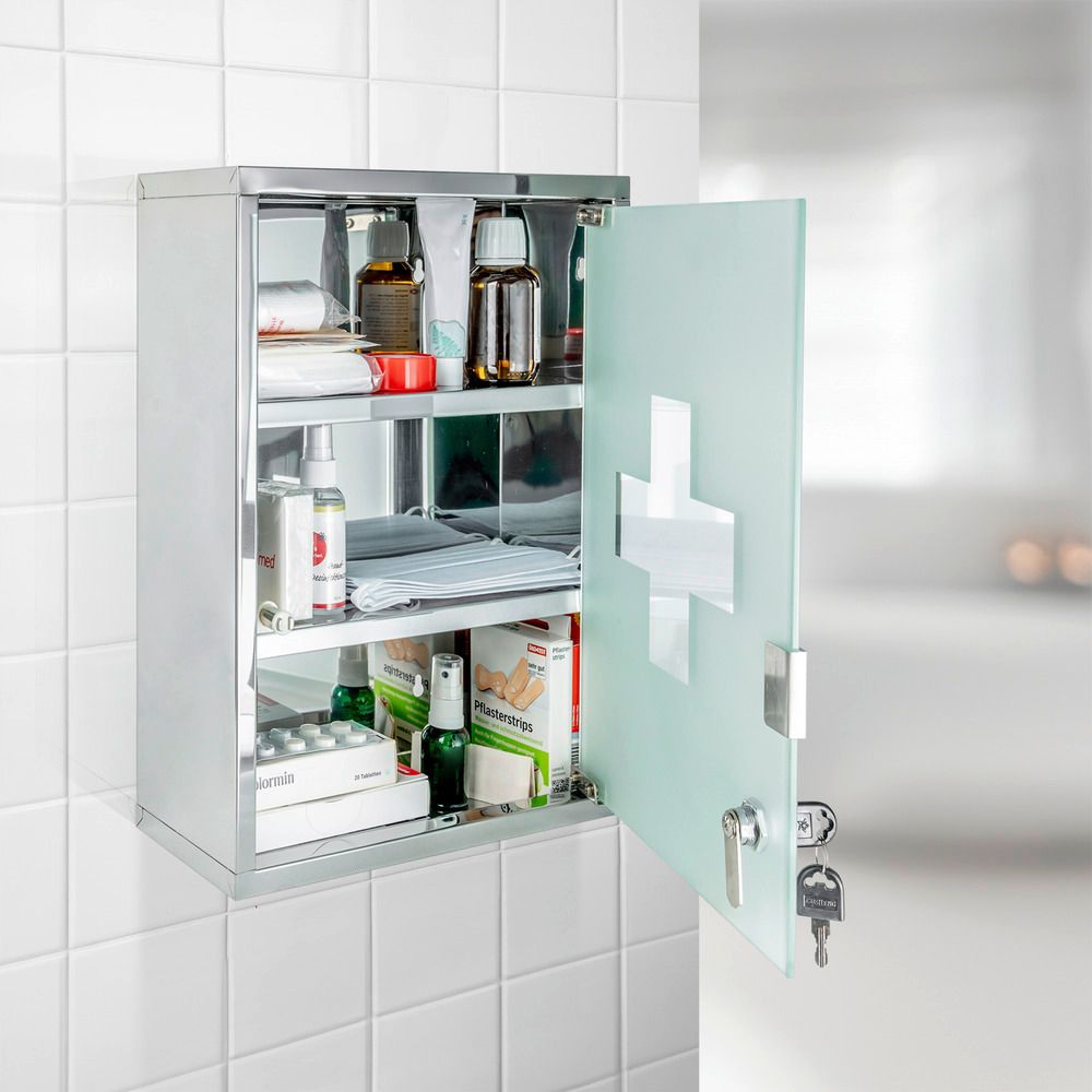 Medicine cabinet with glass door, lockable, MEDIKAMENTENSCHRANK, 30 x 12 x H 40 cm, Silver 