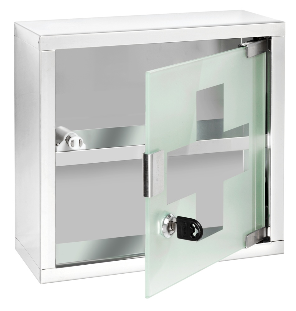 Medicine cabinet with glass door, lockable, MEDIKAMENTENSCHRANK, 25 x 12 x H 25 cm, Silver / Klar