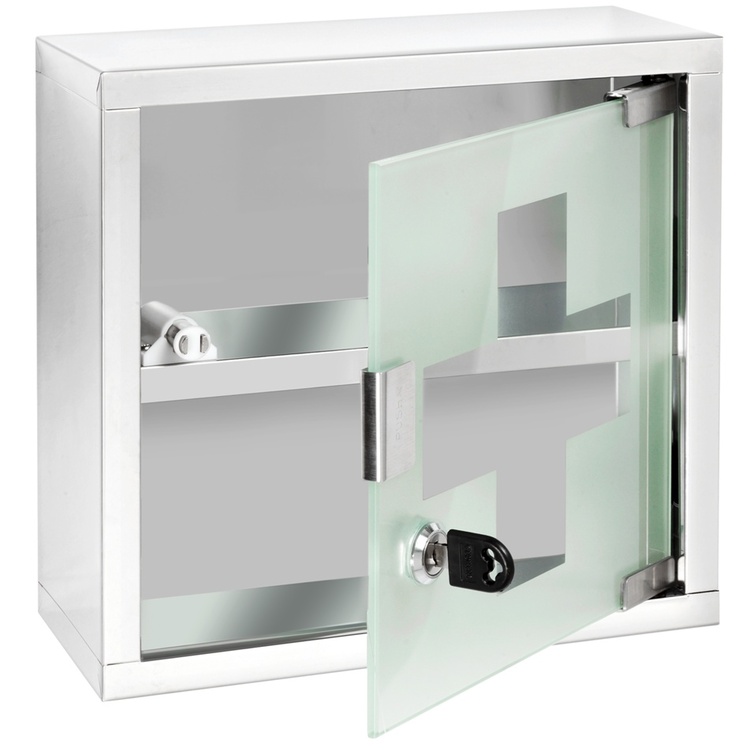 Medicine cabinet with glass door, lockable, MEDIKAMENTENSCHRANK, 25 x 12 x H 25 cm, Silver / Klar