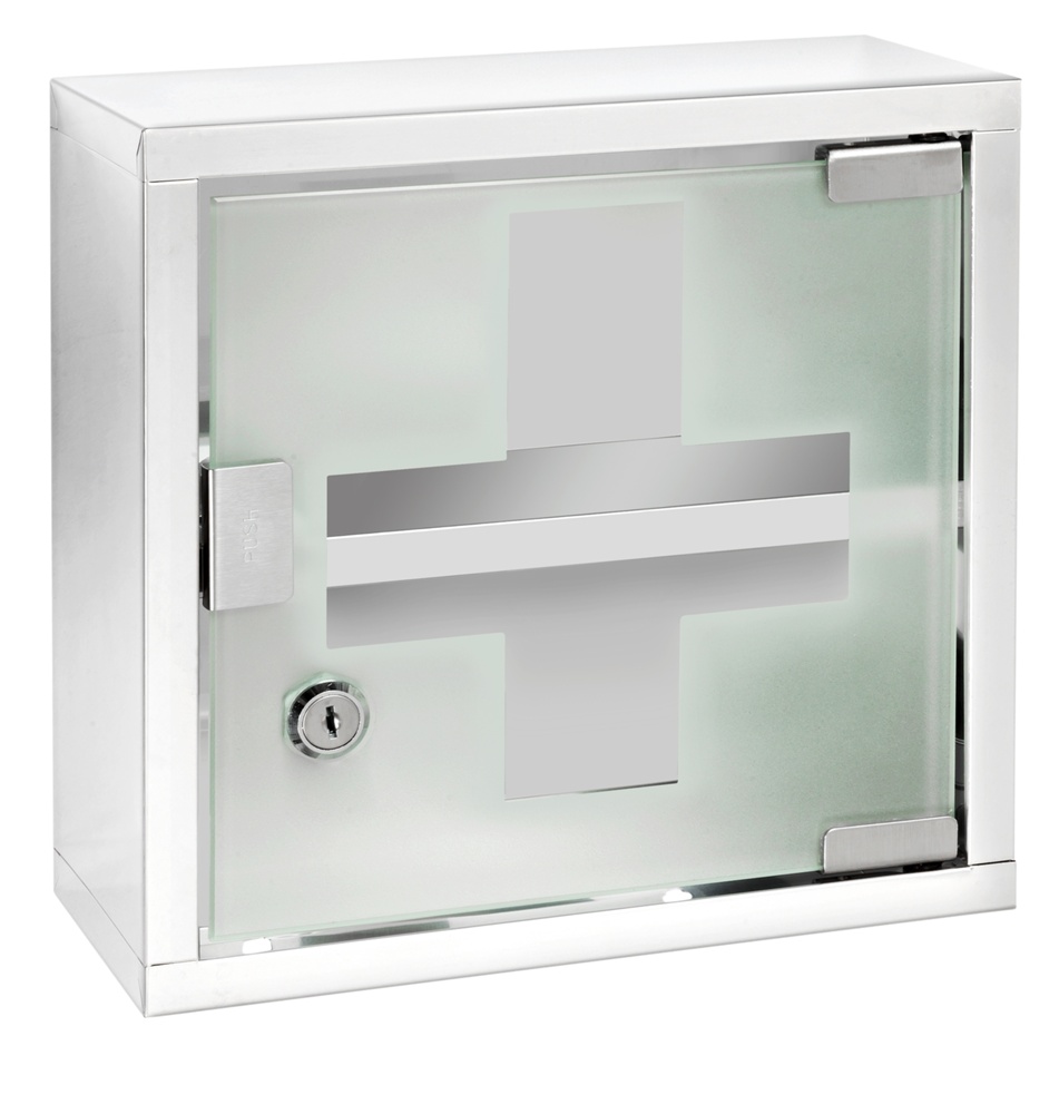 Medicine cabinet with glass door, lockable, MEDIKAMENTENSCHRANK, 25 x 12 x H 25 cm, Silver / Klar