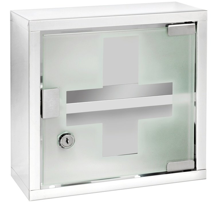 Medicine cabinet with glass door, lockable, MEDIKAMENTENSCHRANK, 25 x 12 x H 25 cm, Silver / Klar