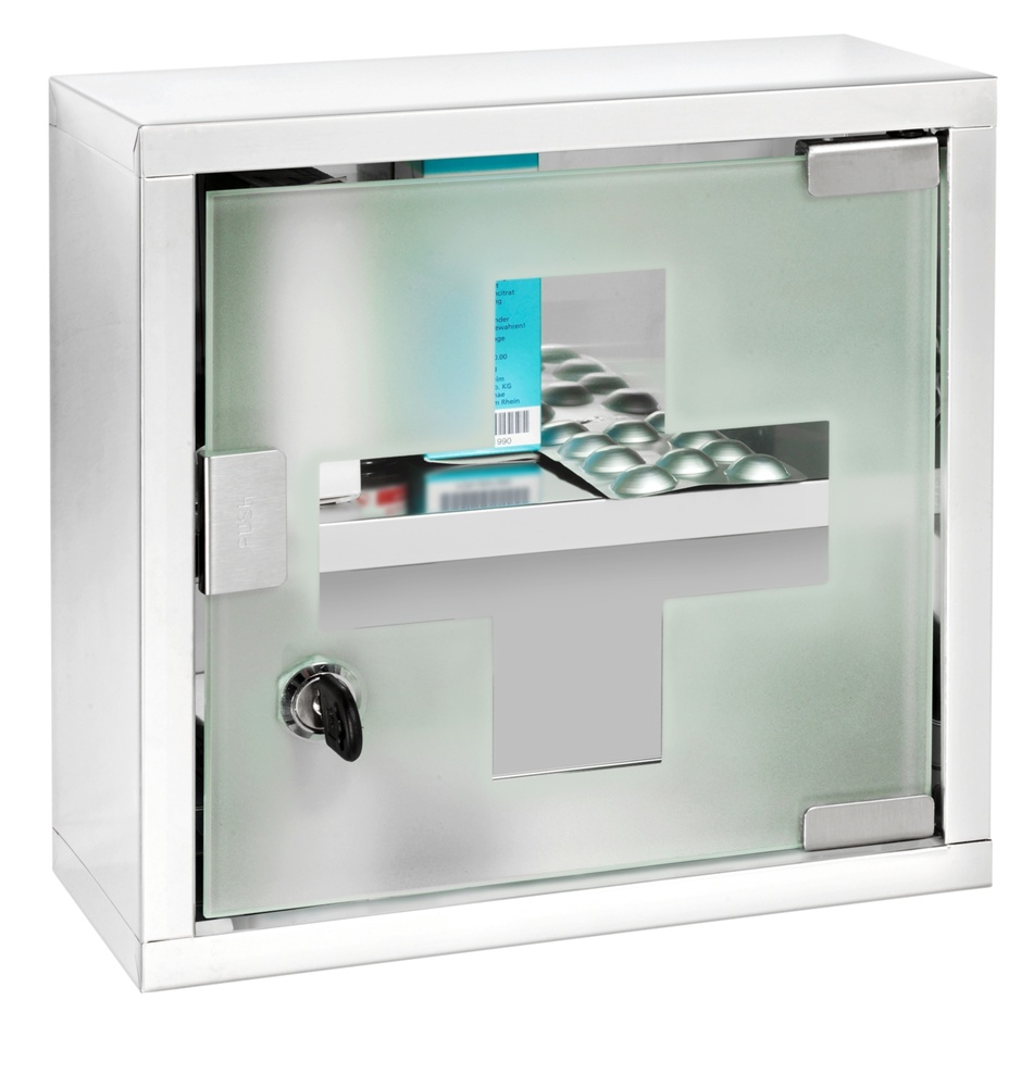 Medicine cabinet with glass door, lockable, MEDIKAMENTENSCHRANK, 25 x 12 x H 25 cm, Silver / Klar