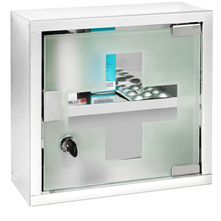Medicine cabinet with glass door, lockable, MEDIKAMENTENSCHRANK, 25 x 12 x H 25 cm, Silver / Klar