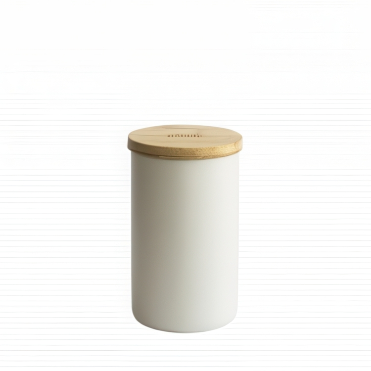 Metal Jar with Bamboo Lid, 650 ml, OPAQUE TEA POT, Ø 8 x H 13 cm, Offwhite / Nature