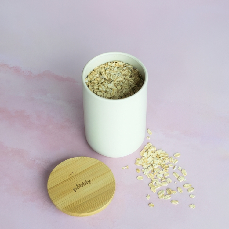 Metal Jar with Bamboo Lid, 650 ml, OPAQUE TEA POT, Ø 8 x H 13 cm, Offwhite / Nature