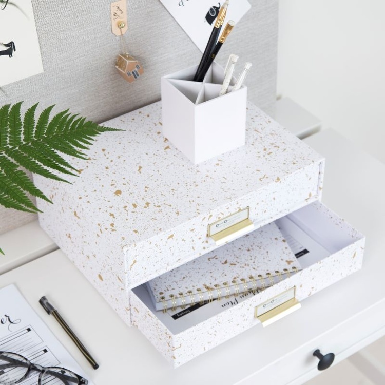 Two drawer box storage, BIGSO BIRGER, 33 x 25,5 x H 14,5 cm, White / Splash Gold