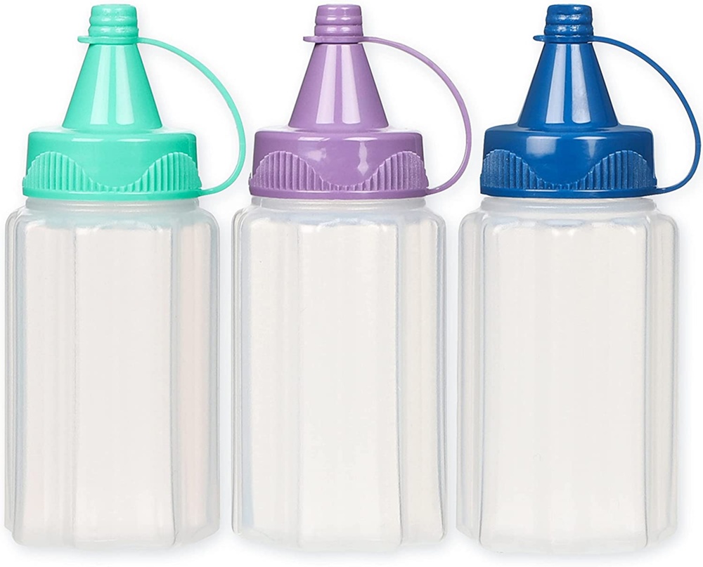 Mini bottles for sauce, 35 ml, Set of 3, SAUCE TO GO, Ø3,4 x H8 cm, Purple / Turquoise / Blue