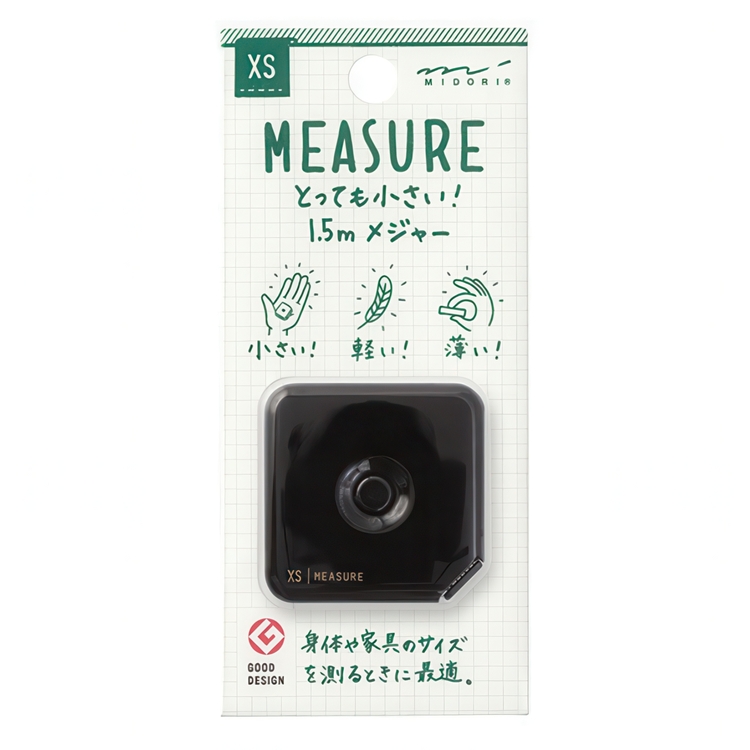 Mini Tape measure, 1,5 m, MIDORI XS, 3,8 × 3,8 cm, Black