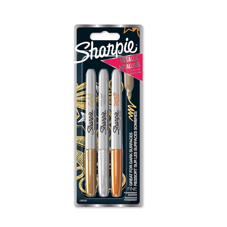Markers, Permanent, Fine Tip, SHARPIE METALLIC, Pack of 3, Silver, gold, bronze