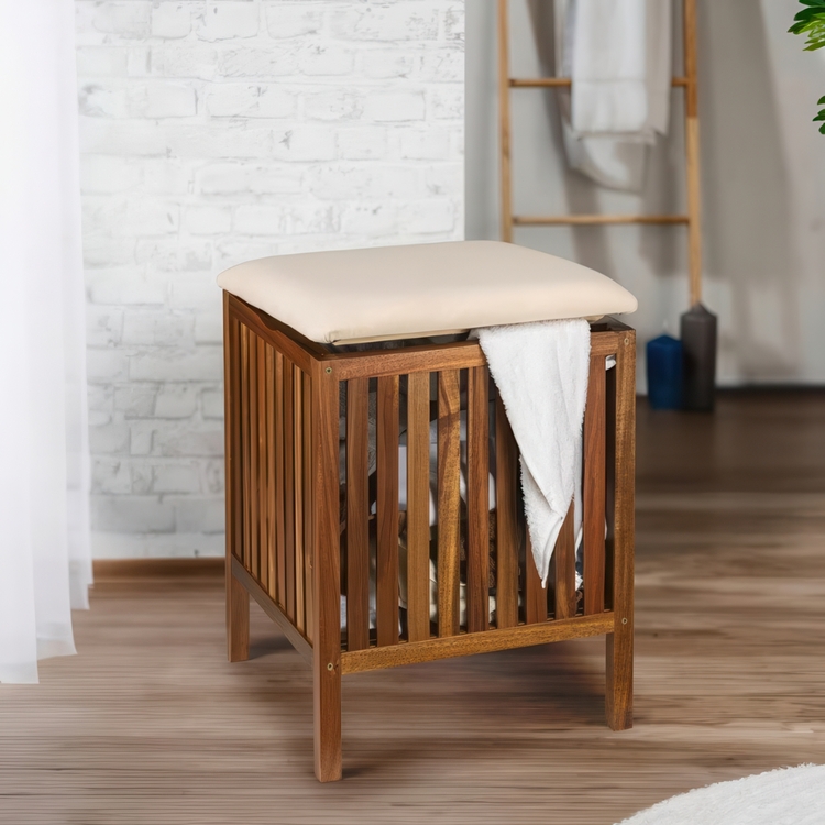 Stool in acacia with storage, FONDI, 39 x 39 x H 52 cm, Brown / offwhite