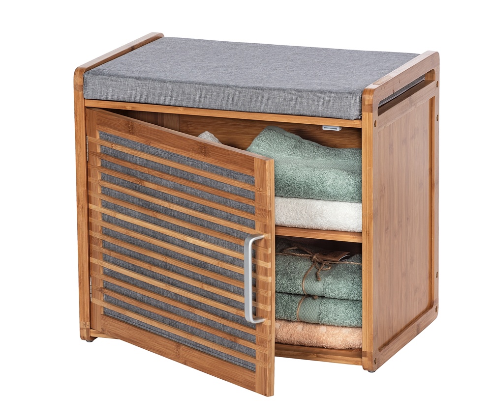 Stool in bamboo with storage, BAHRI, 50 x 33 x H 45 cm, brown / grey