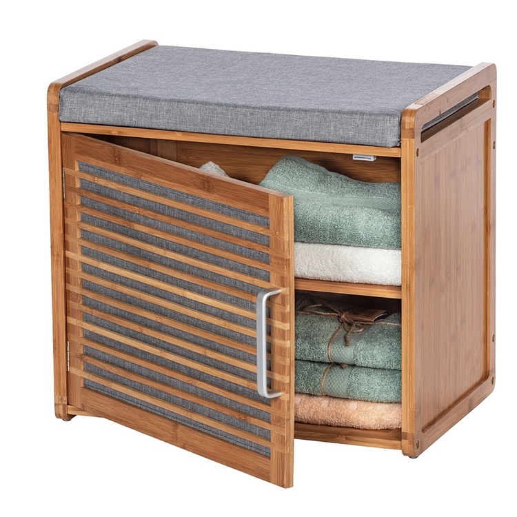 Stool in bamboo with storage, BAHRI, 50 x 33 x H 45 cm, brown / grey