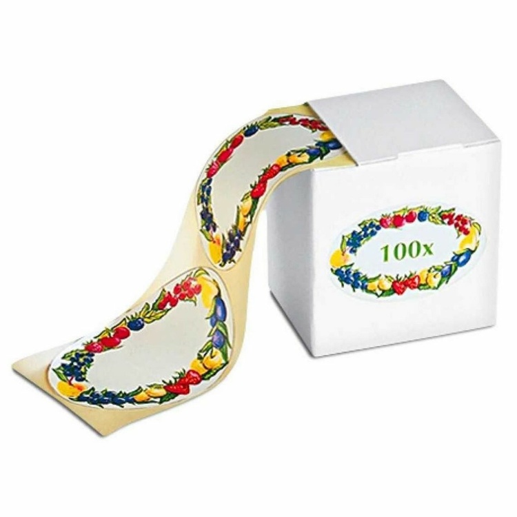 Self-adhesive labels, 100 pcs, FRUIT BORDER, 7 x 4,5 cm, White with pattern