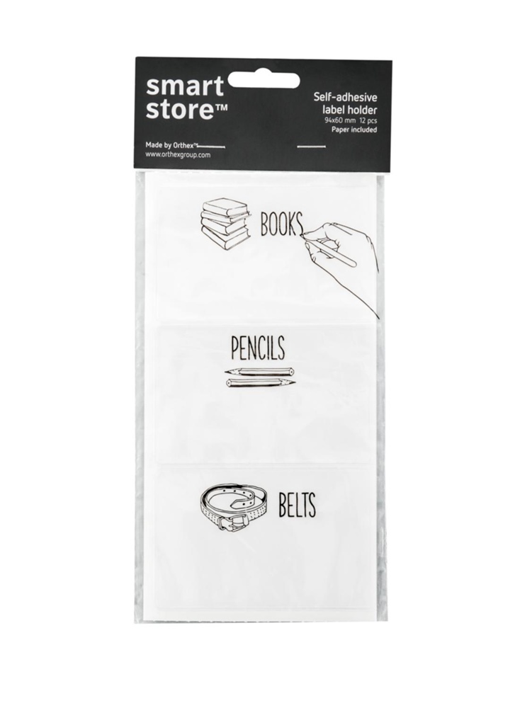 Self-adhesive pockets for labels, 12 pcs, SMARTSTORE, 9,4 x 6 cm, Clear / White