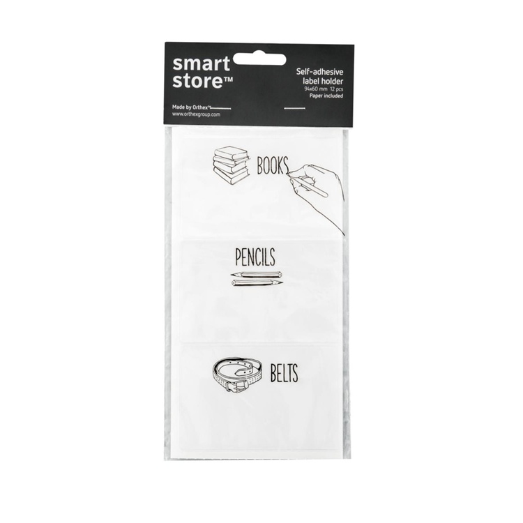 Self-adhesive pockets for labels, 12 pcs, SMARTSTORE, 9,4 x 6 cm, Clear / White