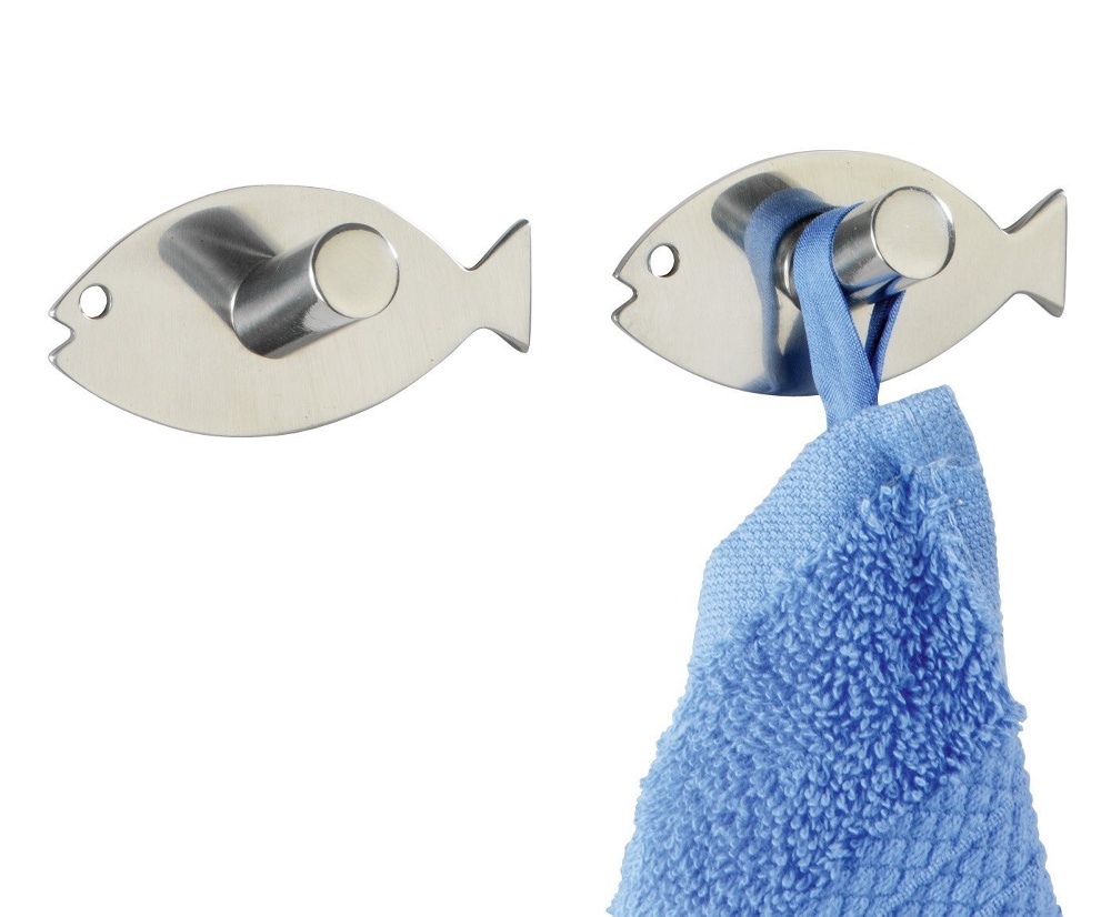 Self-adhesive metallic hooks, Set of 2, FISH, 6,5 x H3,2 cm, Stainless steel