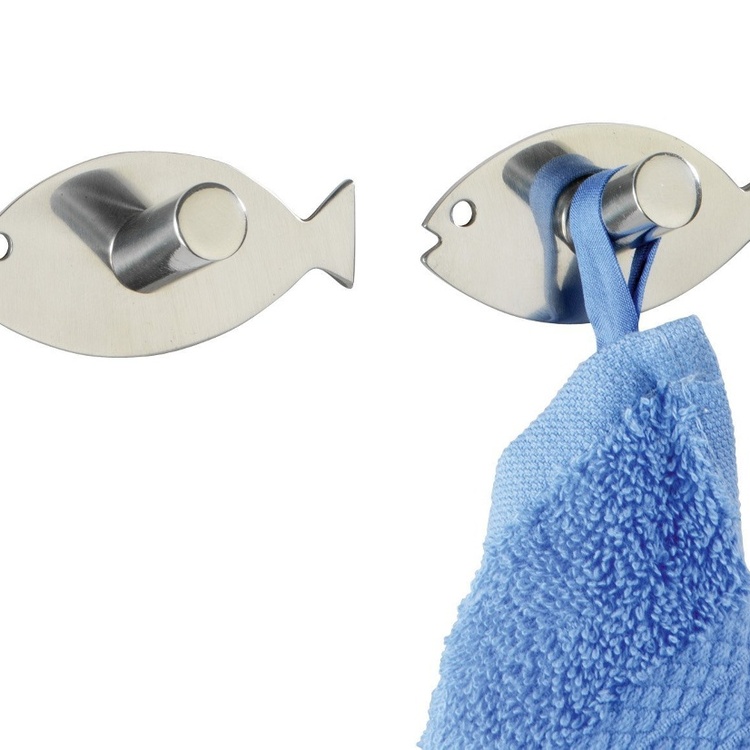 Self-adhesive metallic hooks, Set of 2, FISH, 6,5 x H3,2 cm, Stainless steel