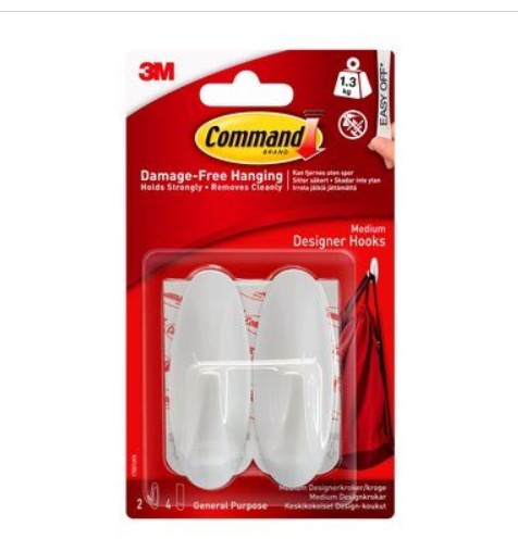 Self-adhesive hooks, Removable, Set of 2, COMMAND MEDIUM, 2,9 x H 7,9 cm, White