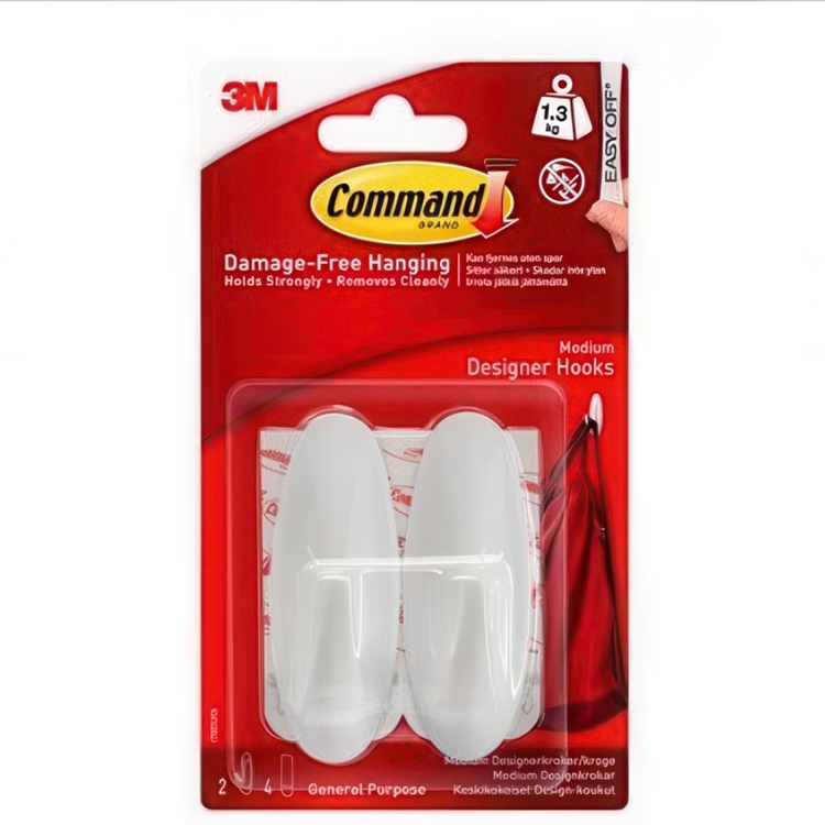 Self-adhesive hooks, Removable, Set of 2, COMMAND MEDIUM, 2,9 x H 7,9 cm, White