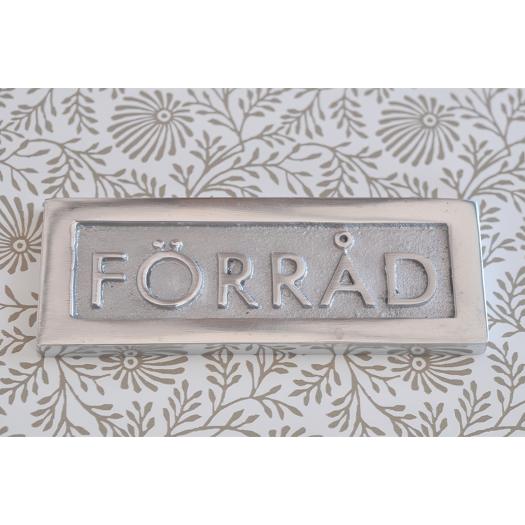 Sign with frame, FÖRRÅD, 8,5 x H 3 cm, Exmez, Sand-cast aluminum