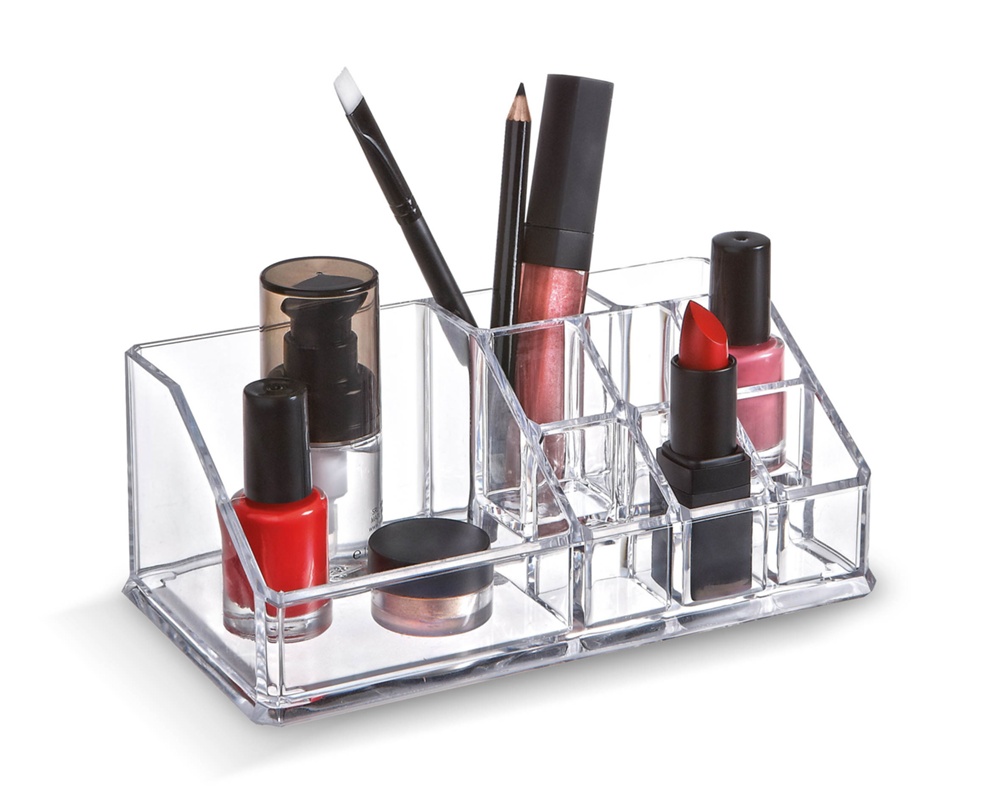 Make-up organizer, 9 compartments, LIVING, 17,3 x 9,4 x H 6,5 cm, Clear acrylic