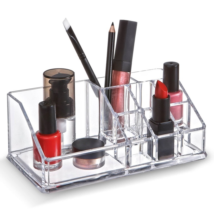 Make-up organizer, 9 compartments, LIVING, 17,3 x 9,4 x H 6,5 cm, Clear acrylic