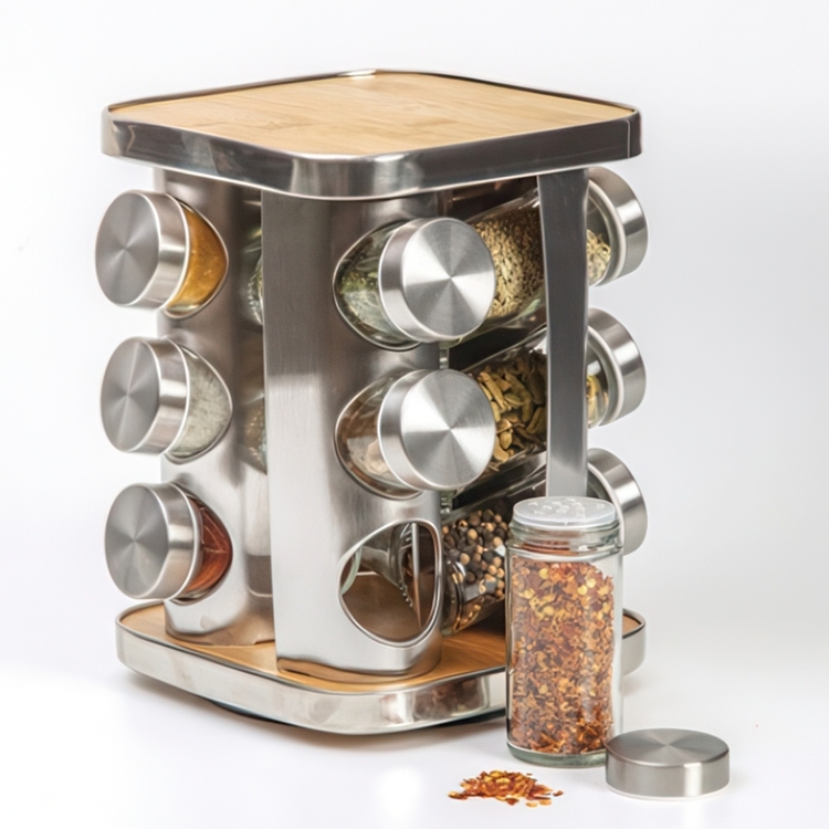 Rotating Spice Rack, BAMBOO SPIZE ORGANIZER, 17 x 17 x H 23 cm , Silver / Nature