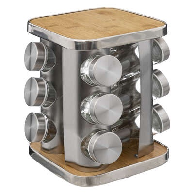 Rotating Spice Rack, BAMBOO SPIZE ORGANIZER, 17 x 17 x H 23 cm , Silver / Nature