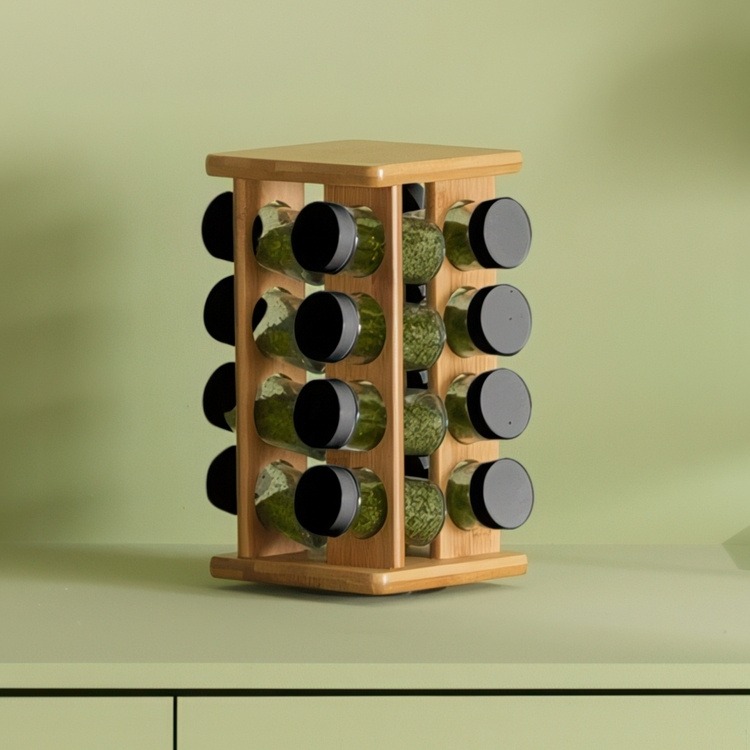 Rotating Spice Rack, ALL BAMBOO SQUARE ORGANIZER, 18 x 18 x H 29 cm, Nature