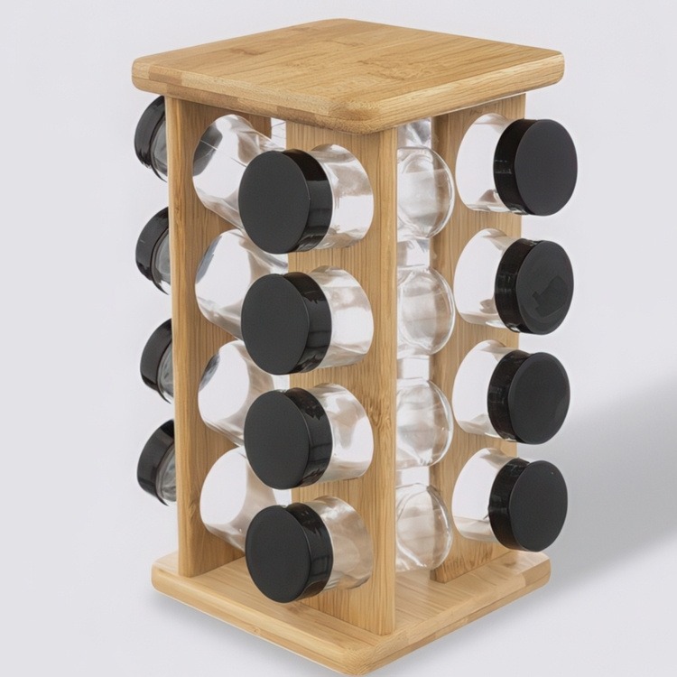 Rotating Spice Rack, ALL BAMBOO SQUARE ORGANIZER, 18 x 18 x H 29 cm, Nature