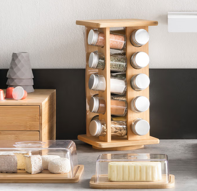 Rotating Rack with spices., LARGE BAMBOO SQUARE ORGANIZER, 18 x 18 x H 34 cm, Nature