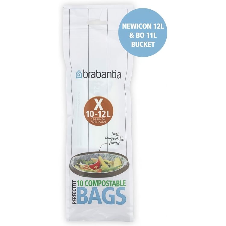 Caddy Liners, Compostable, 10 -12 L Set of 10, BRABANTIA BIN LINERS CODE X, White