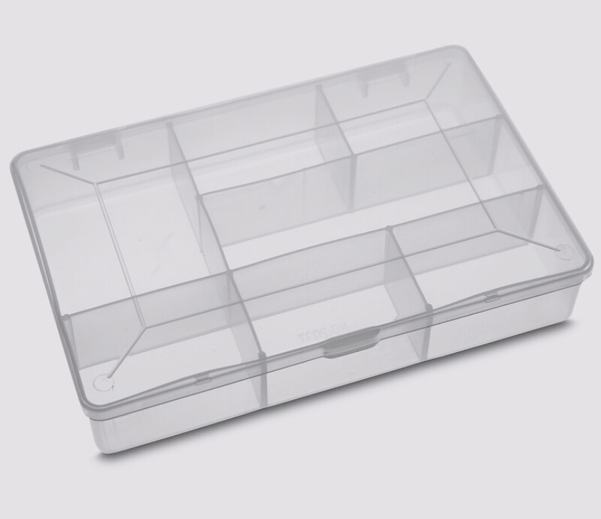 Box with lid, 7 Compartments, DIY SMALL BOX, 17 x 11,8 x H 3,3 cm, Clear