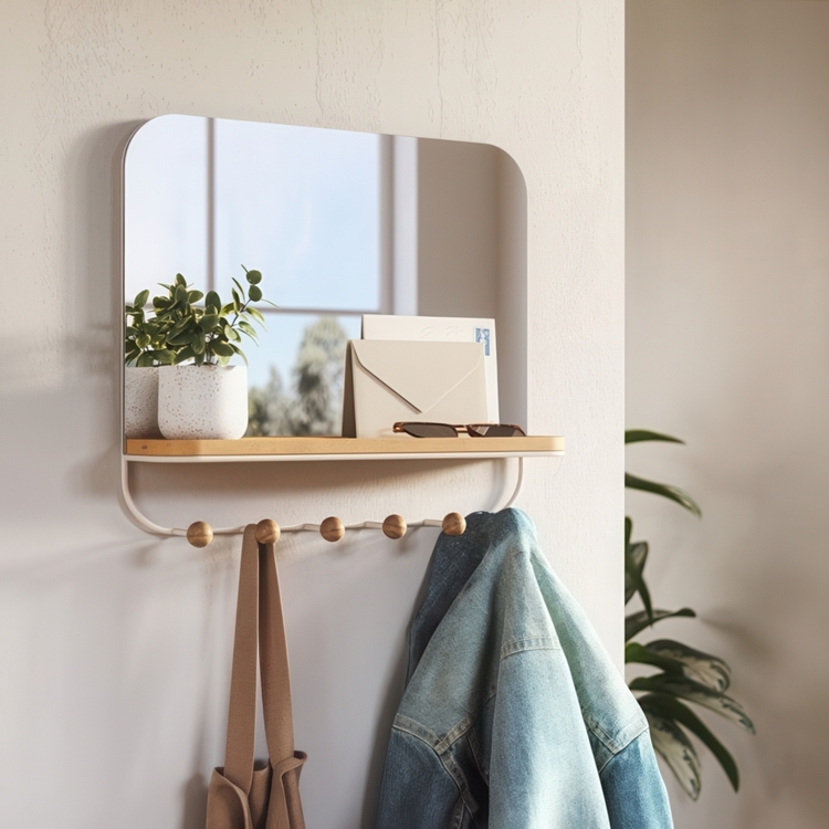  Mirror with Shelf and hooks, ESTIQUE, Umbra, 46 x 10 x H 41 cm, White / Nature