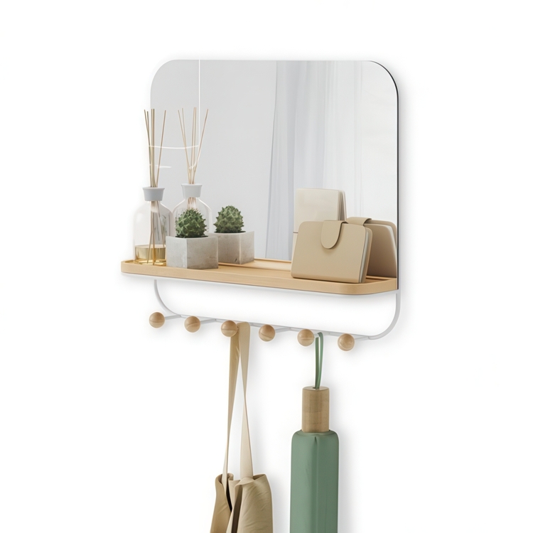  Mirror with Shelf and hooks, ESTIQUE, Umbra, 46 x 10 x H 41 cm, White / Nature