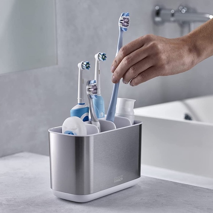 Organiser for electric toothbrushes, EASY STORE STEEL, 25 x 12 x H 11,6, Joseph Joseph, Stainless Steel / White