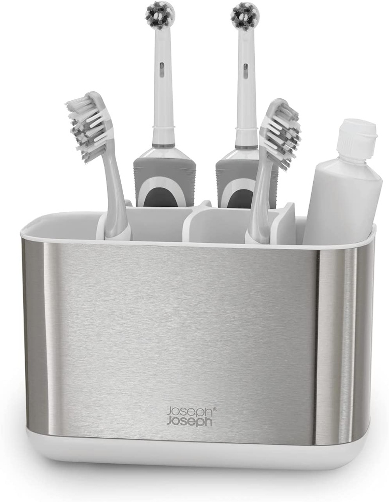 Organiser for electric toothbrushes, EASY STORE STEEL, 25 x 12 x H 11,6, Joseph Joseph, Stainless Steel / White